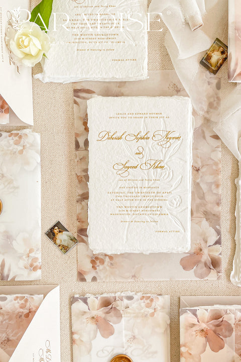 Announce your special day with timeless sophistication through our embossed handmade wedding invitations — a perfect blend of artistry, texture, and luxury. Each invitation is individually handmade and embossed by hand, creating beautiful raised patterns that add depth and refinement your guests can feel.