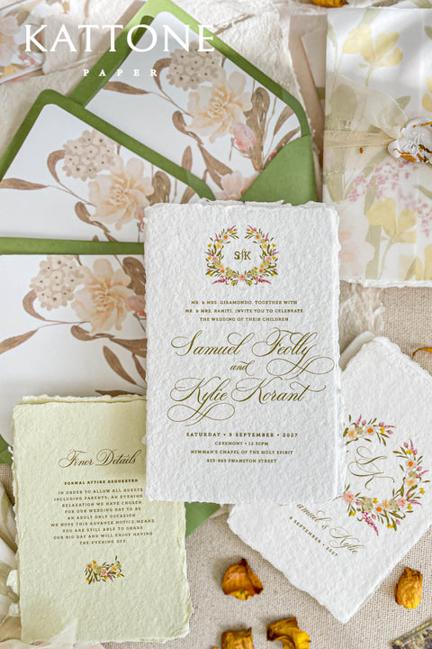 Announce your special day with the serene and natural beauty of these handmade paper wedding invitations. Perfect for a garden wedding or an outdoor celebration, this suite combines the luxurious, tactile feel of artisan paper with a delicate botanical design. The result is a truly romantic set of wedding stationery that will enchant your guests and beautifully set the tone for your special day.