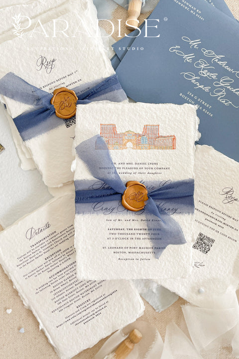 Announce your love story with artistry and elegance through our handmade watercolor wedding invitations, featuring a hand-drawn illustration of your wedding venue. Each piece is uniquely crafted and painted with soft, detailed watercolor brushwork, turning your chosen venue - be it a chapel, garden, or estate - into a personal keepsake your guests will adore.