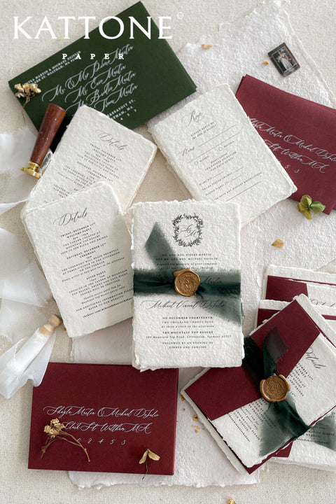 Create a memorable first impression with our stunning Wedding Invitation Sets, expertly crafted from handmade paper. Each invitation is elegantly assembled with luxurious silk ribbons and adorned with golden wax seals, providing a unique touch to your special day. Our craftsmanship ensures every detail is perfect for your celebration. Place a deposit today to secure your personalized design and make your wedding invitations truly unforgettable. Embrace elegance and charm with our bespoke creations!