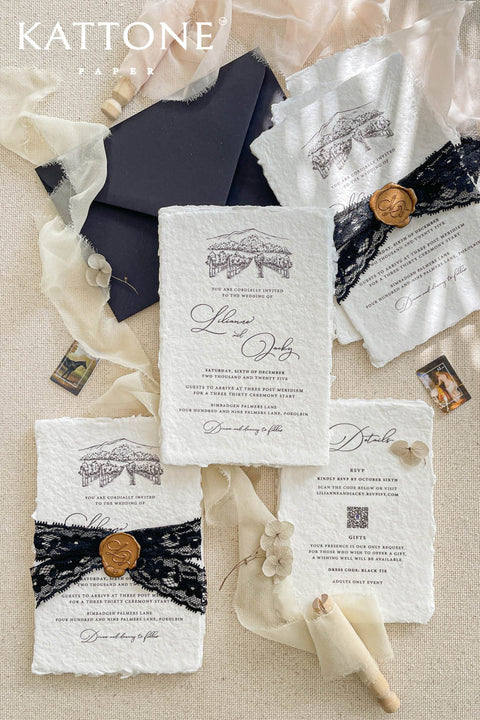Announce your special day with a timeless, classic feel with these beautiful cotton invites. This vintage invite set features a deeply personal and artistic custom venue illustration, hand-drawn by us to capture the charm of your wedding location. Printed on luxurious cotton paper, these invitations have a soft, rich texture that feels both rustic and elegant, making them a beautiful keepsake for your guests.