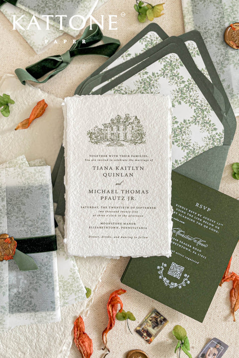 Announce your special day with a timeless, classic feel with these beautiful cotton invites. This vintage invite set features a deeply personal and artistic custom venue illustration, hand-drawn by us to capture the charm of your wedding location. Printed on luxurious cotton paper, these invitations have a soft, rich texture that feels both rustic and elegant, making them a beautiful keepsake for your guests.