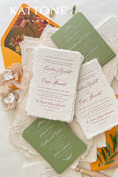 This exquisite handmade paper wedding invitations suite offers a blend of natural texture and refined elegance. Designed for a boho rustic feel, this set also features a custom elegant aesthetic, making it ideal for a relaxed yet sophisticated celebration. Each invitation is a true work of art, with the luxurious feel of handmade paper and elegant calligraphy invites providing a unique and personal touch that your guests will adore.