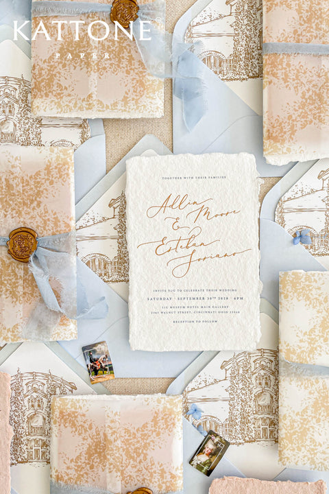 Announce your marriage with a romantic and modern touch. This exquisite suite features elegant modern calligraphy and shimmering golden ink printed on luxurious handmade paper with a delicate deckle edge. The combination of the beautiful golden shine and the unique, textured paper creates a stunning first impression that is both luxurious and organic. These unique invites are perfect for setting a sophisticated and romantic tone for your special day.