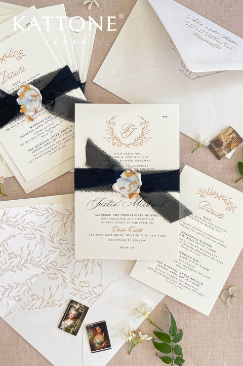 Luxury wedding invitation printed on smooth ivory cardstock with black silk ribbon and wax seal