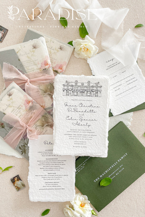 Announce your love story with timeless artistry through our handmade wedding invitations featuring a custom hand-drawn illustration of your wedding venue. Each invitation is a one-of-a-kind piece, meticulously illustrated and crafted by hand to capture the unique beauty of your ceremony location - turning it into a cherished keepsake your guests will treasure. Perfect for fine art, luxury, estate, or destination weddings.