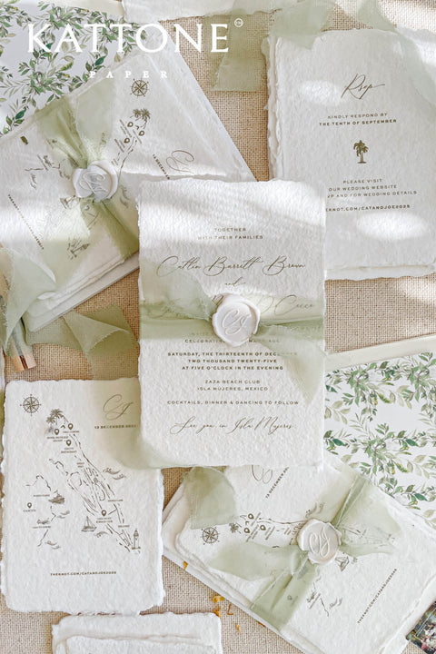Announce your special day with the serene and natural beauty of these handmade paper wedding invitations. Perfect for a garden wedding or an outdoor celebration, this suite combines the luxurious, tactile feel of artisan paper with a delicate botanical design. The result is a truly romantic set of wedding stationery that will enchant your guests and beautifully set the tone for your special day.