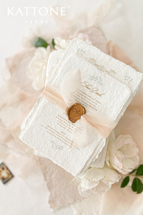 Announce your special day with a personal and artistic touch with this beautiful handmade paper wedding invitation set. Each suite features a one-of-a-kind, hand-drawn custom wedding venue watercolor, lovingly painted to capture the unique charm of your wedding location. Perfect for a summer wedding, the watercolor artwork and tactile paper create a soft, romantic, and memorable first impression for your guests.