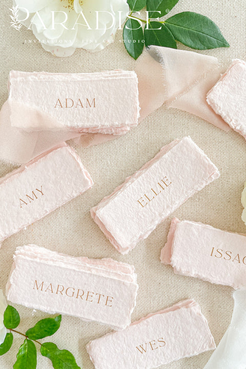 Elevate your table setting with our colored handmade paper place cards, beautifully crafted from premium cotton rag paper and finished with soft, natural deckled edges. Their delicate blush tones and elegant typography add a refined, romantic touch to weddings, dinner parties, and luxury events. Perfectly artisanal and customizable, these place cards bring warmth, texture, and timeless charm to every tablescape.
