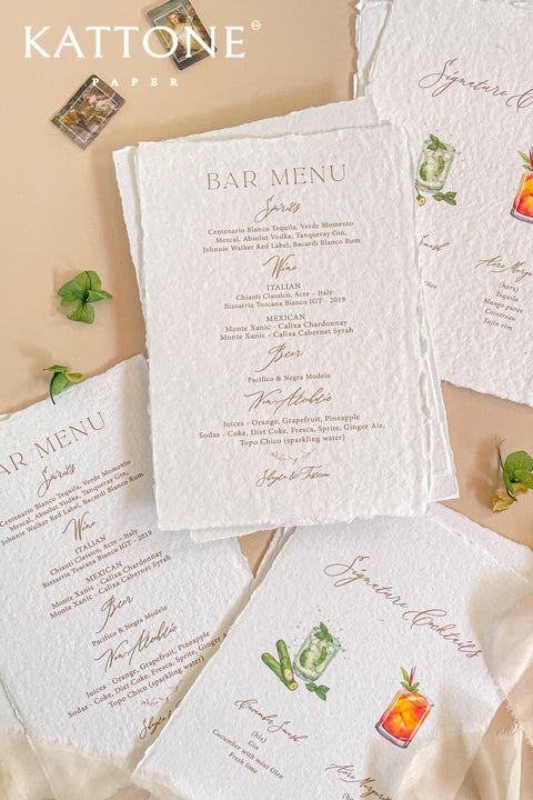 Bring artisanal charm to your celebration with our handmade paper bar menus, crafted on soft cotton paper with natural deckled edges. Each menu features elegant typography and delicate watercolor cocktail illustrations - perfect for adding a refined yet playful touch to your wedding bar or reception table. Designed for couples who love artistry, texture, and timeless elegance, these menus make your drink display truly unforgettable.