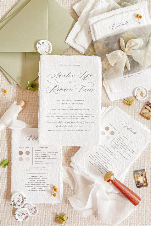 This exquisite wedding invitations suite offers a blend of timeless sophistication and modern elegance. The beautiful modern calligraphy invites are printed on luxurious handmade cotton paper, providing a rich, tactile feel and a fine art finish. This fine art stationery is the perfect choice for couples who appreciate bespoke, handcrafted details and a chic, contemporary aesthetic.