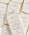 Bring elegance and artisanal beauty to your tablescape with our handmade paper wedding menus, crafted from luxurious 100% cotton rag paper with naturally torn deckled edges. Each menu is individually handmade and printed using timeless fine-art typography, designed to complement both classic and modern wedding aesthetics. Perfect for romantic receptions, fine-art weddings, or destination celebrations.