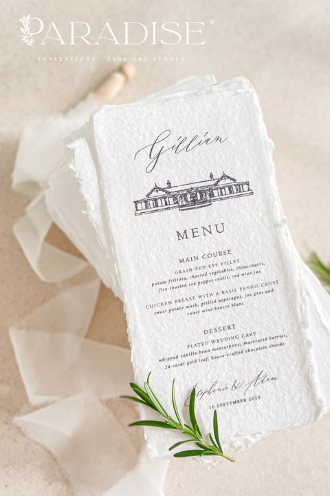 Capture the essence of your love story with our handmade paper wedding menus featuring a custom hand-drawn venue illustration. Each menu is crafted from 100% cotton rag paper with deckled edges and showcases your unique wedding venue, delicately illustrated in fine detail. The elegant typography and minimalist layout complete the refined fine-art aesthetic, making every place setting feel deeply personal and timeless.