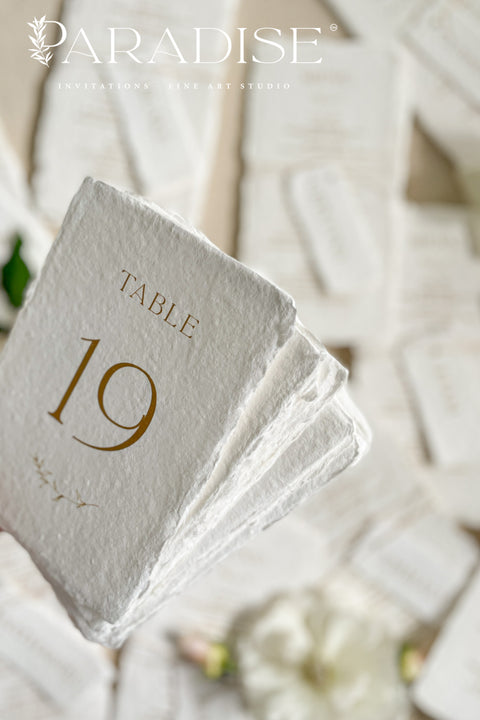 Handmade cotton paper and elegant gold typography come together to create a timeless table number design that elevates any fine-art wedding aesthetic. The soft deckle edges and organic texture introduce an artisanal touch, while the clean layout ensures clarity and sophistication. Perfect for couples who value quality, romance, and elegant minimalism, this design adds luxury and intention to every reception table.