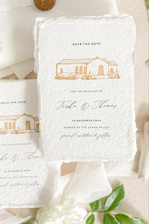Capture the heart of your wedding day with our handmade paper Save the Date cards - elegantly showcasing a custom hand-drawn illustration of your wedding venue. Each card is meticulously printed on luxury 100% cotton handmade paper with natural deckled edges, giving every piece an artisanal charm and a timeless, romantic feel.
