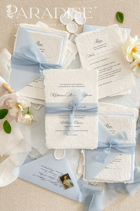 This exquisite wedding invitations suite offers a blend of timeless charm and modern elegance. Designed for a romantic feel, this beautiful handmade paper set features an elegant modern calligraphy design. Printed on luxurious cotton rag suite paper, your stationery will have a rich, tactile texture that beautifully complements the sophisticated typography, setting a heartfelt and personal tone for your special day.