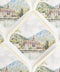 Close-up of luxury ivory wedding envelopes with custom watercolor liners featuring an elegant European lakeside hotel, a tranquil blue lake, lush green trees, and towering Alpine mountains. The soft blue, sage green, and warm terracotta watercolor illustration is framed by cream-colored envelope interiors, creating romantic destination wedding stationery.