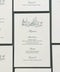 Elegant wedding menus printed on smooth cardstock with minimalist line art illustration and classic typography in neutral tones.