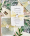 Handmade cotton paper wedding invitation with deckled edges, gold leaf edging and elegant typography, styled with yellow chiffon ribbon and illustrated venue envelope liners.