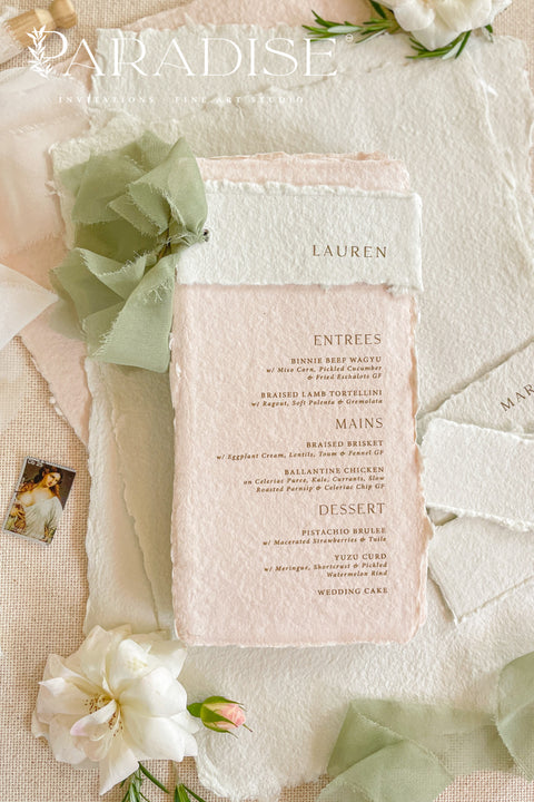 Elevate your wedding tablescape with our colored handmade paper wedding menus, designed to add an elegant pop of romance and texture. Crafted from 100% cotton rag paper, these menus feature a soft blush tone paired with an ivory header, hand-torn deckled edges, and subtle gold printing for a refined fine-art aesthetic. The delicate contrast between pastel hues and natural textures makes these menus ideal for garden weddings, destination celebrations, and fine-art receptions.