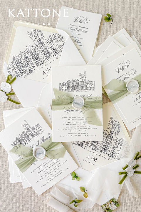 Announce your marriage with a true statement of bespoke elegance. This wedding invitation suite is crafted for couples who appreciate fine detail and a luxurious feel. Each invitation features a unique, custom hand-drawn wedding venue illustration that beautifully captures the essence of your special location. The artwork is printed on premium double thickness paper, giving your stationery a high-end, substantial feel that your guests will notice the moment they hold it.