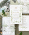 Handmade paper botanical wedding invitations with vellum wrap, deckle edge cotton paper, and greenery illustration.