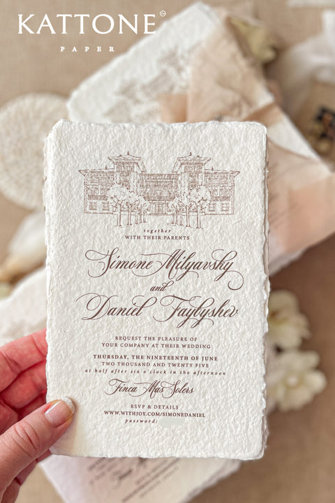 Elegant, timeless, and artfully bespoke - this handmade paper wedding invitation beautifully captures the essence of fine art design. Printed on luxury deckled-edge cotton paper, each invitation is a tactile work of art, rich with organic texture and natural charm. The highlight of this design is the custom hand-drawn venue illustration, delicately rendered to showcase the couple’s unique wedding location. Paired with flowing calligraphy and classic serif typography.