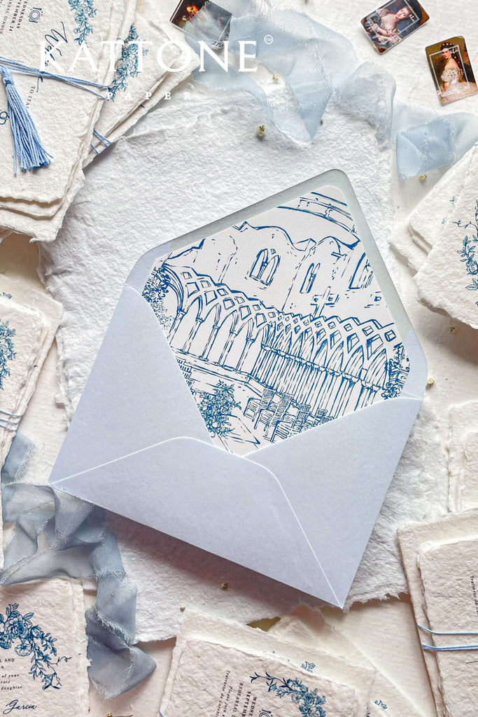 Light Blue Envelopes and Hand Drawn Venue Envelope Liners