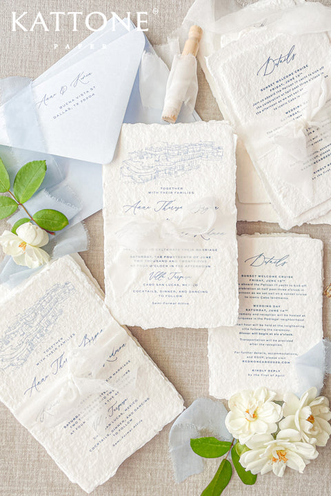 Announce your special day with a personal and elegant touch with these beautiful custom wedding invitations. Each invite features a unique, hand-drawn custom venue illustration, beautifully capturing the charm of your wedding location. Printed on luxurious handmade paper with a romantic deckle edge, these invitations are perfect for a blue wedding and will be a beautiful keepsake for your guests.
