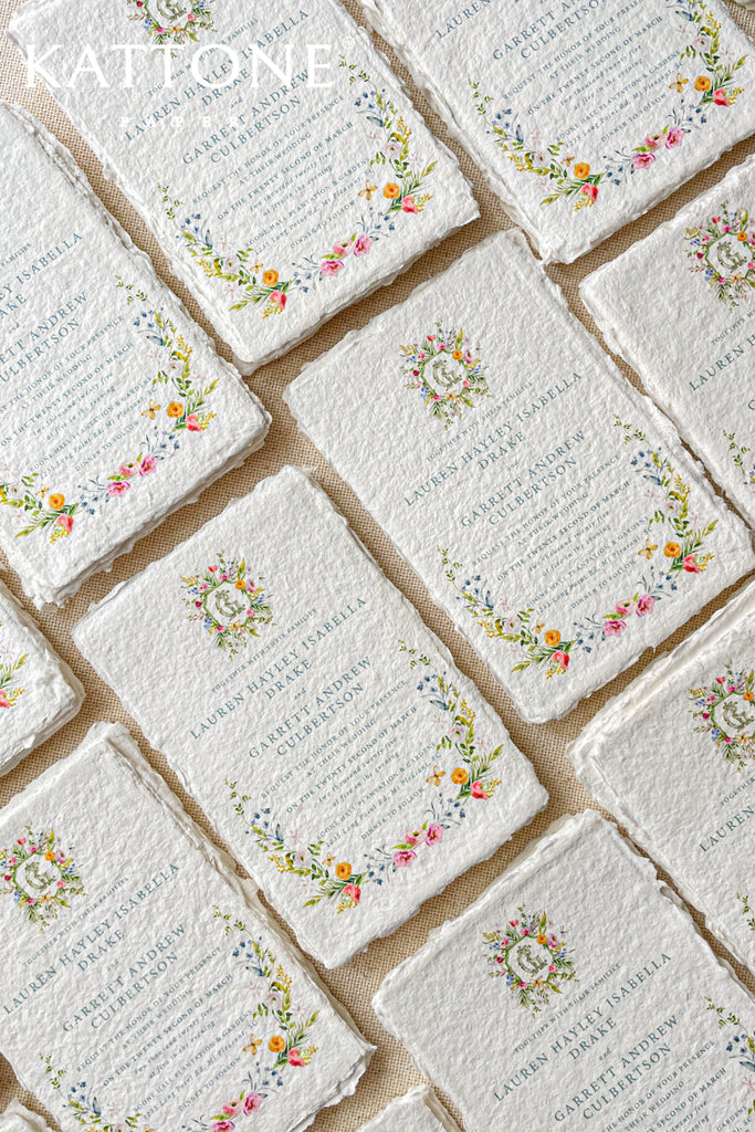 Safiya Handmade Paper and Watercolor Wreath Wedding Invitations