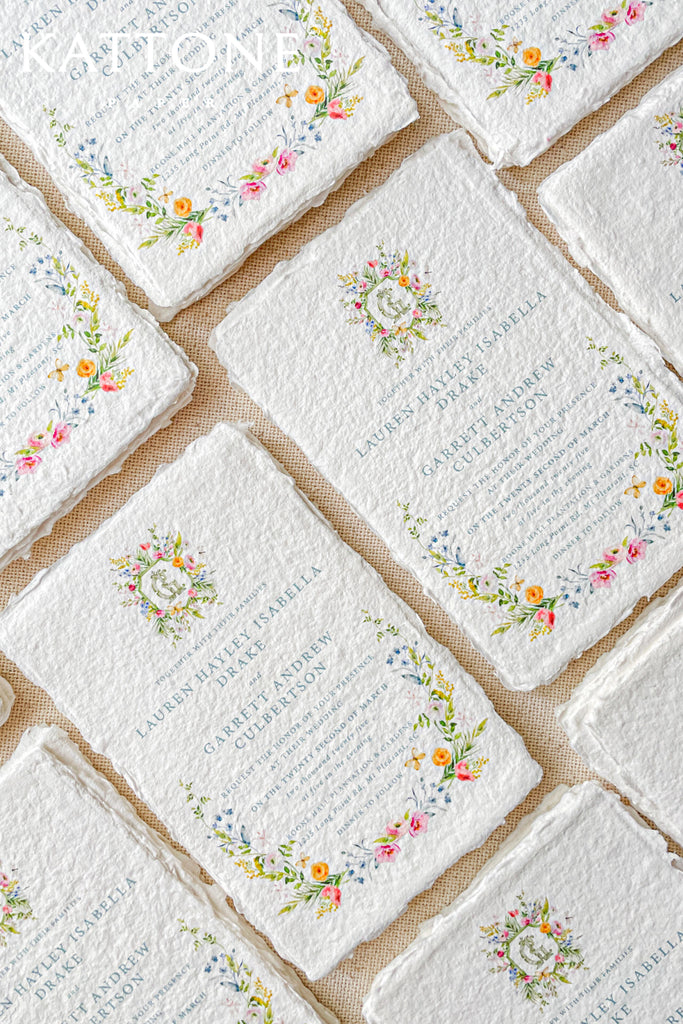 Safiya Handmade Paper and Watercolor Wreath Wedding Invitations