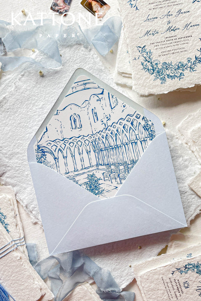 Light Blue Envelopes and Hand Drawn Venue Envelope Liners