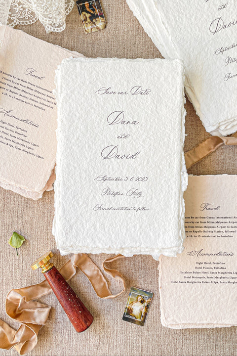 Announce your wedding in elegant simplicity with our handmade paper Save the Date cards, crafted on 100% cotton paper with soft deckled edges and timeless calligraphy typography. Each piece embodies the refined beauty of fine-art stationery - textured, organic, and gracefully understated. Designed for couples who appreciate luxury craftsmanship and natural detail.