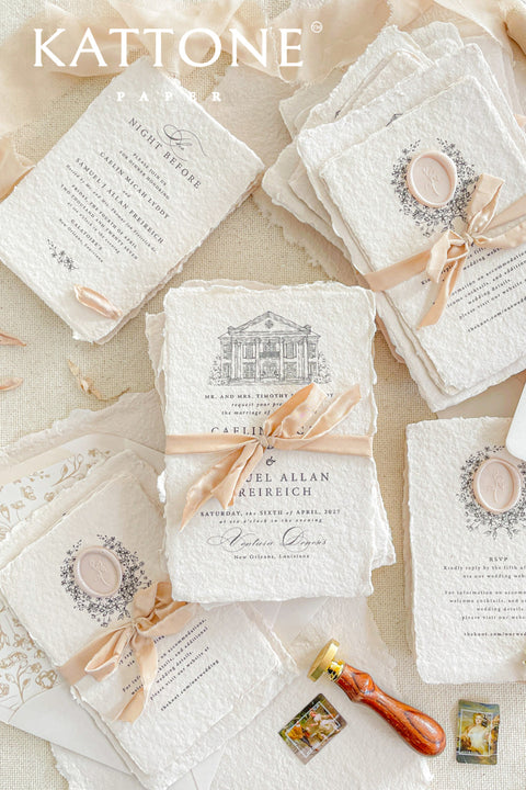 Invite your guests to your special day with the artful and personal charm of these custom wedding invitations. The unique suite features a beautiful, custom venue illustration sketch, hand-drawn by us to capture the essence of your wedding location. Designed with a light summer breeze theme and a boho chic aesthetic, this wedding stationery sets a warm, relaxed, and intimate tone for your upcoming celebration.