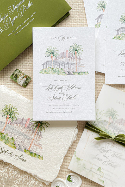Capture the spirit of your celebration with our Save the Date cards, featuring a hand-painted watercolor illustration of your wedding venue. Each card is printed on luxury fine-art paper, showcasing delicate brushwork and elegant typography - a truly timeless design for couples who love artistry and sophistication.