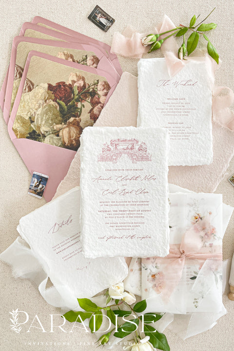 This exquisite wedding invitations suite offers a personal and artistic touch, perfect for a summer wedding. Each invitation features a custom, hand drawn venue illustration that beautifully captures the unique charm of your location. The illustration is printed on luxurious handmade cotton paper, which provides a rich, tactile feel and a timeless finish, creating a truly memorable keepsake for your guests.