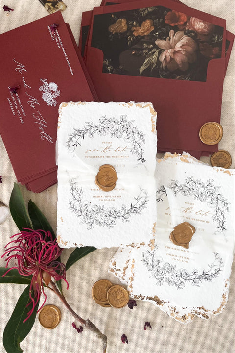 Announce your wedding with timeless elegance through our handmade paper Save the Date cards, adorned with hand-applied gold leaf details and finished with a classic wax seal. Each piece is printed on luxury 100% cotton handmade paper with deckled edges, creating a rich, tactile feel that beautifully blends artistry and romance.