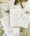Elegant, timeless, and infused with personal charm - this wedding invitation suite was designed to announce your celebration with sophistication and warmth. Printed on luxury cotton paper. The suite features a beautifully hand-drawn monogram, symbolizing the union of two names in an artful botanical wreath. A romantic script font paired with refined serif text brings balance and grace, while vellum jackets and olive ribbons add layers of soft, organic beauty.