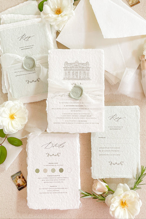 Announce your special day with the serene and natural beauty of these handmade paper wedding invitations. Perfect for a garden wedding or an outdoor celebration, this suite combines the luxurious, tactile feel of artisan paper with a delicate botanical design. The result is a truly romantic set of wedding stationery that will enchant your guests and beautifully set the tone for your special day.