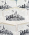 Close-up of an elegant ivory wedding envelope featuring a custom black ink illustration of a historic lakeside church in Lake Bled, Slovenia, surrounded by detailed trees and waterfront scenery. Personalized calligraphy monogram above the illustrated liner, paired with a handmade paper wedding invitation featuring a black floral crest, black silk ribbon and white monogram wax seal.