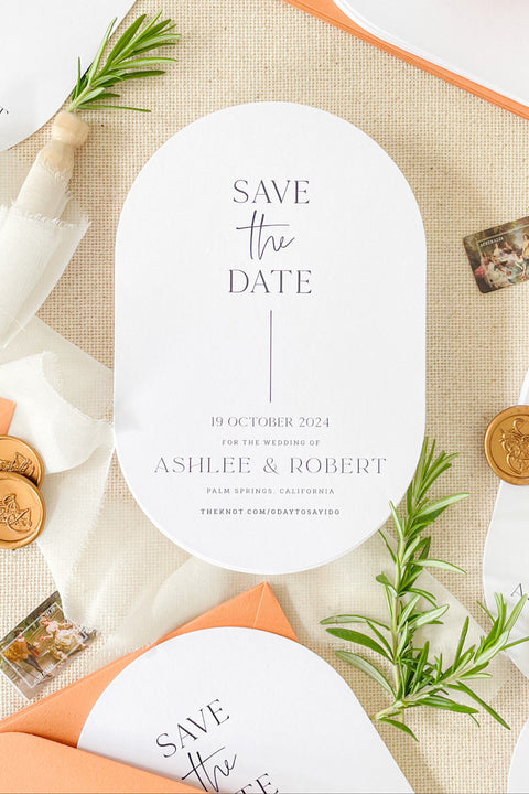 Announce your celebration in style with our Double Arch Save the Date cards, a perfect blend of minimalism and modern elegance. Featuring a sleek arched silhouette, refined typography, and luxury cardstock, this design captures the essence of contemporary romance. Each card is thoughtfully printed with precision and finished by hand, creating a clean, timeless aesthetic that complements any wedding theme.