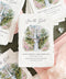 Handmade save the date card with deckled edge cotton paper featuring watercolor landscape illustration of waterfall, bridge and florals, elegant calligraphy typography and fine art wedding stationery style.