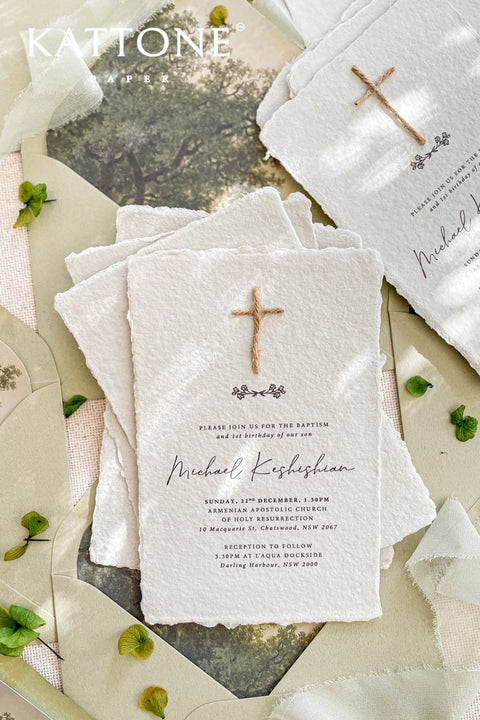 A meaningful christening invitation handcrafted from luxurious handmade paper and designed to honor faith and tradition. Featuring a minimalist Christian cross, refined typography, and natural deckled edges, this design embraces understated elegance and spiritual symbolism. Perfect for baptisms and church ceremonies, it offers a timeless keepsake that reflects the sacred importance of the day.