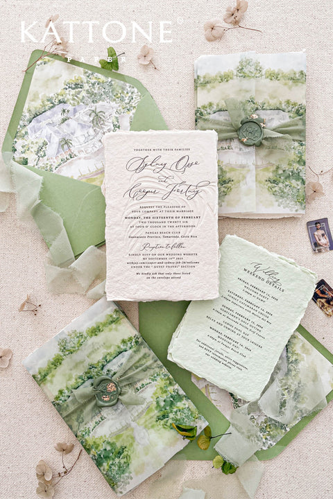 Announce your marriage with an invitation suite that is a work of fine art. These romantic garden wedding invites feature a bespoke custom venue illustration watercolor, hand-painted to capture the unique charm of your location. A subtle and sophisticated touch is added with blind embossing, creating a raised texture of delicate botanical details that adds to the luxurious feel. The combination of artistry and texture makes this a truly special and memorable romantic suite.