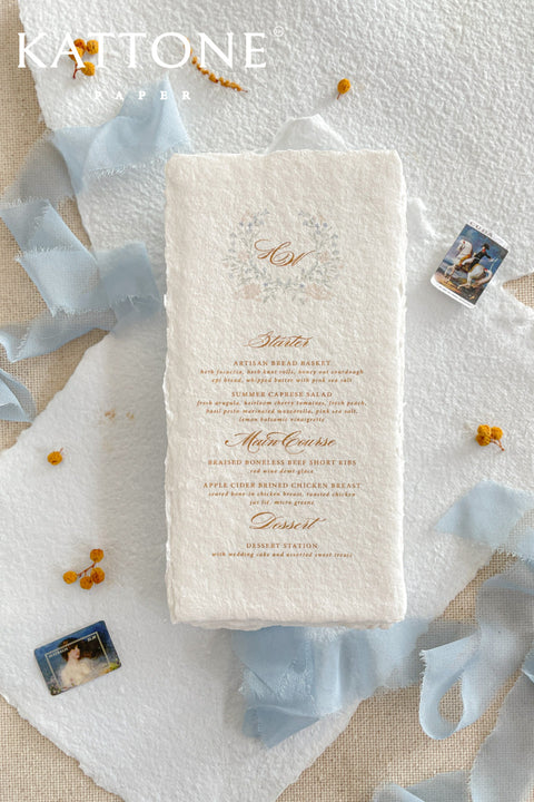 Refined and timeless, our handmade paper menus bring a touch of fine-art elegance to your wedding tablescape. Crafted from 100% cotton paper with natural deckled edges, each piece features a soft, tactile texture that perfectly complements romantic and elevated wedding themes.