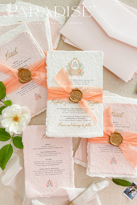 Announce your special day with an invitation suite that is a true work of art. These romantic invitation sets are defined by their exquisite artistry and high-end materials. Each invitation is crafted on luxurious, artisan fine art deckle edge paper, which features a natural, beautifully textured finish. The deckle edge, with its unique feathery border, evokes a sense of timeless romance, making this a truly luxury wedding suite that your guests will cherish as a keepsake.