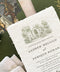 Custom envelope liners and inserts feature vintage-inspired landscape artwork in muted green and earthy tones, creating a timeless and artistic aesthetic.