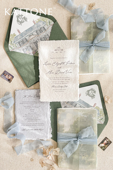 This exquisite wedding invitations suite offers a blend of natural artistry and luxurious detail. The invitations feature a bespoke watercolor venue illustration, hand-painted to capture the unique charm of your location. The serene blue and green stationery design is enhanced with the soft, delicate texture of silk ribbons, creating a timeless and elegant keepsake that beautifully sets the tone for your special day.
