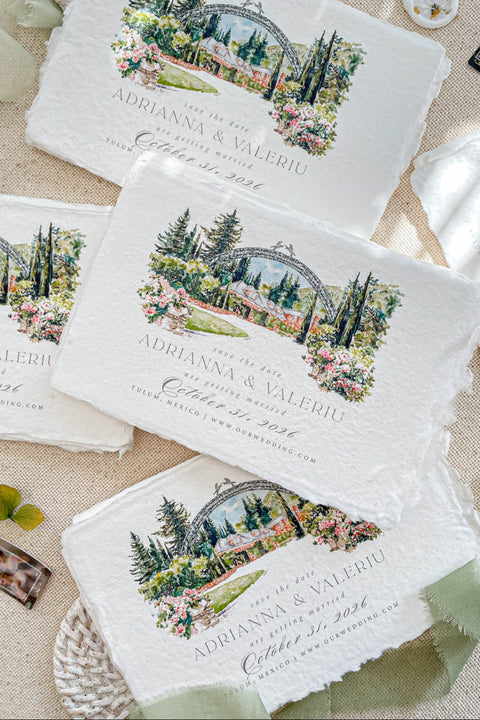 Announce your wedding in the most romantic way with our handmade paper Save the Date cards, featuring a stunning custom watercolor painting of your wedding venue. Printed on luxury 100% cotton handmade paper with deckled edges, each card combines artistic beauty with fine craftsmanship for a truly heirloom-quality keepsake.