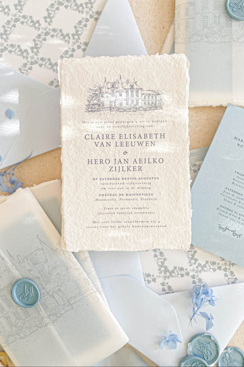 Announce your special day with the serene and natural beauty of these handmade paper wedding invitations. Perfect for a garden wedding or an outdoor celebration, this suite combines the luxurious, tactile feel of artisan paper with a delicate botanical design. The result is a truly romantic set of wedding stationery that will enchant your guests and beautifully set the tone for your special day.